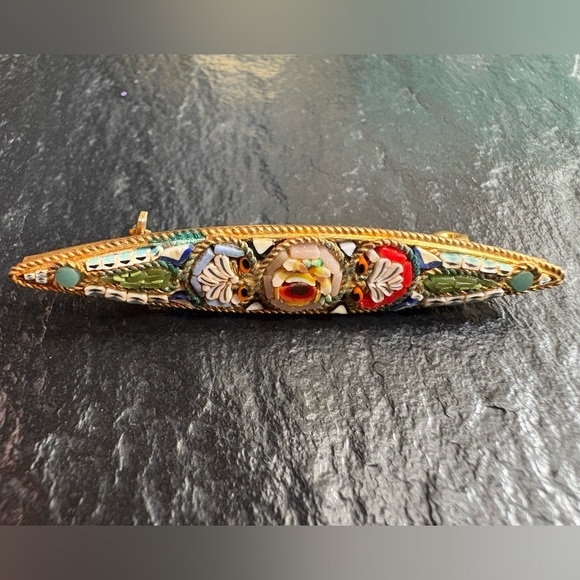 Brooch Vintage Italian Elegant Detailed Micro Mosaic Textured Gold Multicolored - Picture 2 of 7